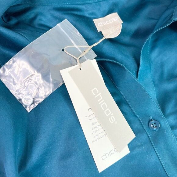Chico's No Iron Button Up Shirt Womens Large Blue Wrinkle Free Collared Top New - Picture 4 of 9